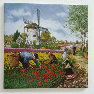 Vintage Holland ceramic tile windmill tulips Dutch